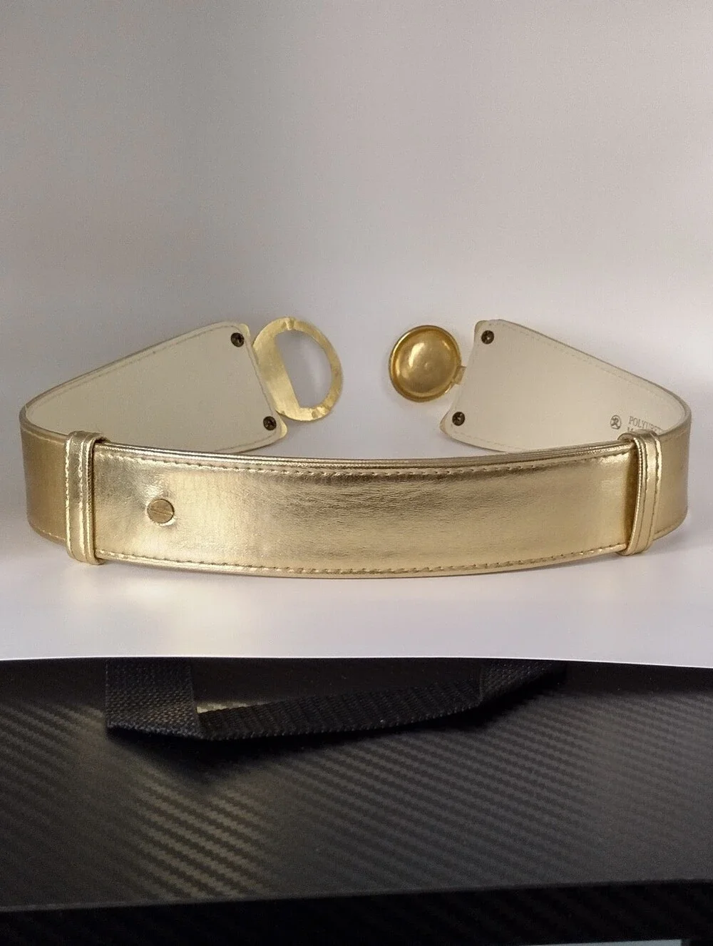 80s Gold Metallic Vegan Leather Waist Belt with Metal Interlocking Buckle